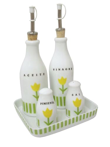 JUEGO ACEITERA VINAGRERA SAL SALERO PIMIENTA PIMENTERO PORCELANA RAYAS TULIPAN VERDE