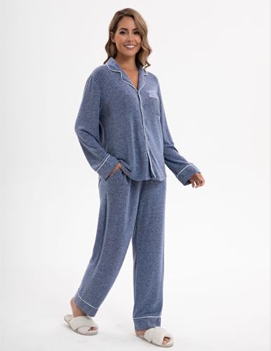 Image of UMBY Women's Silk Satin Pajama Sets, 2 Piece Silky Pjs Sets for Women, Soft Pajama Set with Long Sleeve Top and Pants Deep Blue