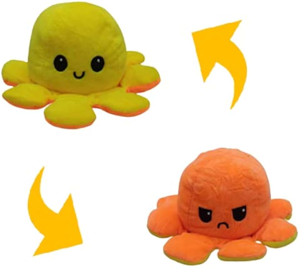Brinquedo Polvo De Pelúcia Reversível Feliz e Bravo 20cm - Amarelo e Laranja Polvinho do Humor Polvo Tik Tok