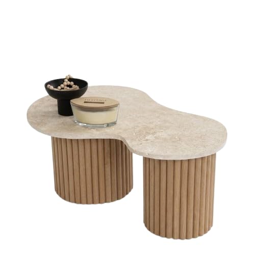 Table Basse Poire, VÉRITABLE travertin et Bois cannelé (2 Pieds) (Chêne Brut)