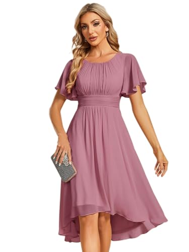 Image of Ever-Pretty Women's Chiffon Crew Neck Pleated Waist Short Sleeve Wedding Guest Dress Bridesmaids Orchid 14UK