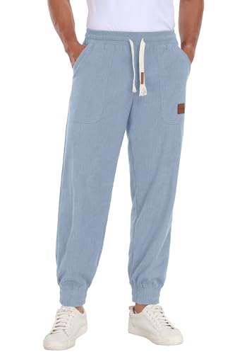 Askdeer Mens Corduroy Joggers Pants Casual Cargo Pants Drawstring Elastic Waist Baggy Tapered Sweatpants with 3 Pockets Light Blue