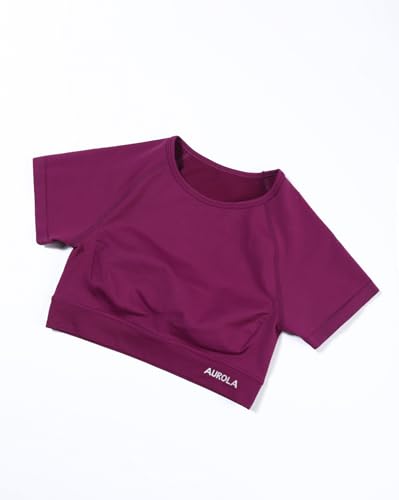 Image of AUROLA Influence Women Crop Top Short Sleeve Compression Workout T-Shirt | Raglan Short Sleeve Crop Top, High-Stretch Seamless Knit, Stay-Put Ribbed Underband, Soft Breathable Comfort