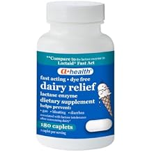 A+Health Dairy Relief Lactase Enzyme 180 Count, 9000 FCC Caplets, Fast Acting, Dye-Free, Dietary Supplement, Helps Prevent Gas, Bloating, Diarrhea Associated with Lactose Intolerance