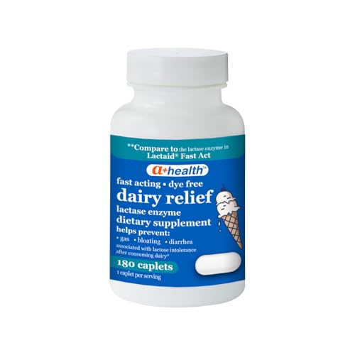A+Health Dairy Relief Lactase Enzyme 180 Count 9000 FCC Caplets Fast Acting Dye-Free Dietary Supplement Helps Prevent Gas Bloating Diarrhea Associated with Lactose Intolerance