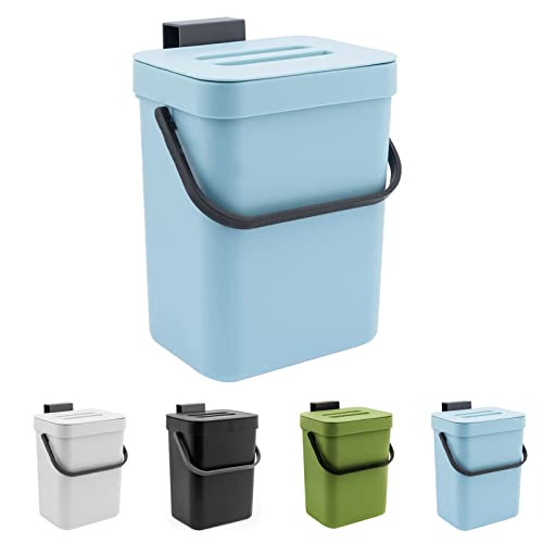 Kitchen Small Trash Can with Lid, 5L/1.3 Gal Hanging Compost Bin Under Sink, Plastic Waste Basket Garbage Box for Kitchen Counter/Bedroom/Bathroom/Dorm/Office/Camping (Blue)