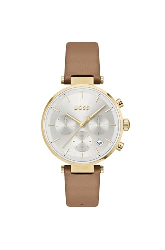 Image of BOSS Majesty Sport Qtz Multifunction Silver White Round Dial Women's Watch|Brown Leather Material|Brown Color Band - 1502772