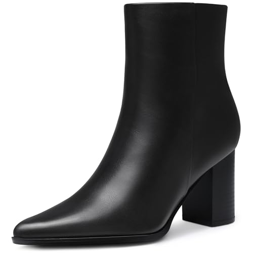 CELLENZ Women Heel Ankle Boots: Comfortable Pointed Toe Boots - Chunky Heel Booties Womens - Black Leather Fall Ankle Boot Office Vacation Size 7.5