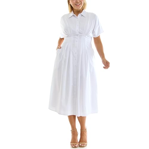 Nicole Miller Pintucked Waist Short Sleeved Cotton Blend Midi Shirtdress with Pockets, Brilliant White, 4 at Amazon Women's Clothing store