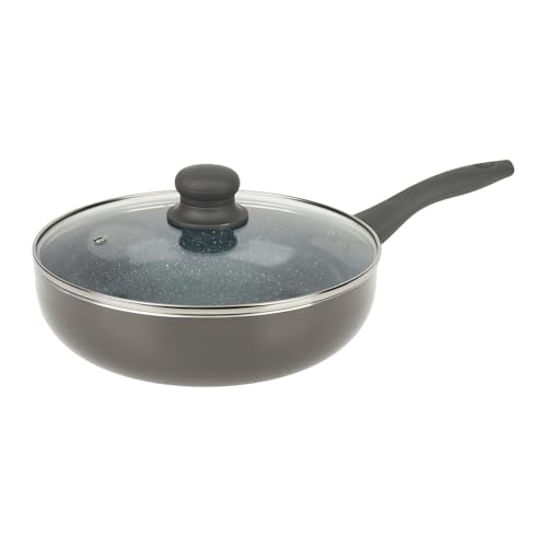 Crealys 529579 Sauteuse Aluminium Gris AUTAN Ø 24 cm H 6,5 cm - Revêtement Antiadhésif Sain en Céramique effet pierre - Couvercle Verre - Manche...