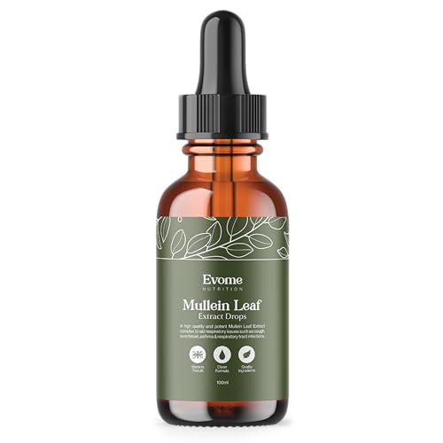 Evome Mullein Leaf Extract for Lungs 100ml (3 Month Supply) High Strength 1:3 Tincture Mullein Drops. Sublingual Fast Absorption - UK Made - Vegan