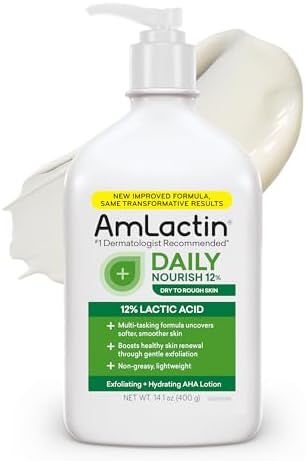 AmLactin Daily Nourish - Therapeutic Body Lotion for Dry Skin - No-Scrub Exfoliator and Moisturizer with 12% Lactic Acid AHA, 14.1 oz (Packaging May Vary)