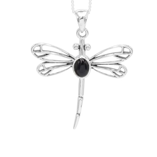 Pendentif libellule en onyx noir et argent 925 pour femme 45cm