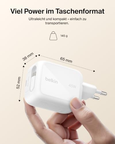 Belkin USB C Ladegerät 67W mit Einziehbarem 1 m USB-C-Kabel + USB-C-Anschluss, GaN iPhone Schnellladegerät… – Ansicht 6