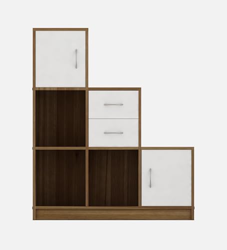 Image of Elegant Multipurpose Storage Unit | Engineered Wood Free Standing Cabinet | Open & Closed Display Shelf Organizer | Lyon Teak & White | DIY Assembly