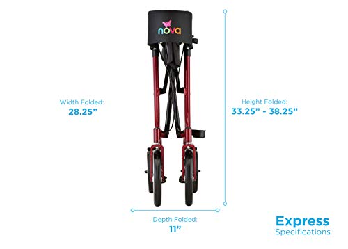 NOVA Medical Products Express Rollator Walker, Large 10” & 8” Wheels, Compact Foldable & Free Standing, Easy to Fold, Lift & Carry, Comes with Cane Holder, Red - Thumbnail 7
