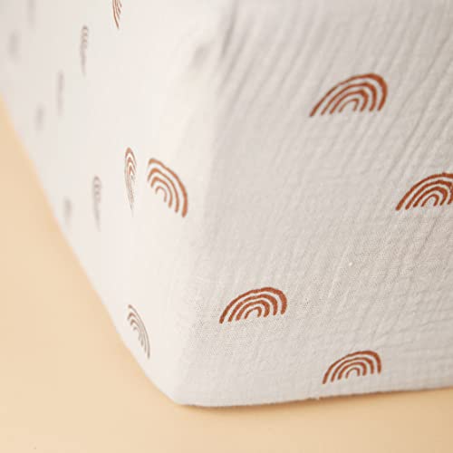 Image of Chippi & Co Little Rainbow Tan Boho Muslin Cotton Fitted Crib Sheet for Baby Standard Size Mattress, boy and Girl Unisex Nursery Bedding 52x28x9''