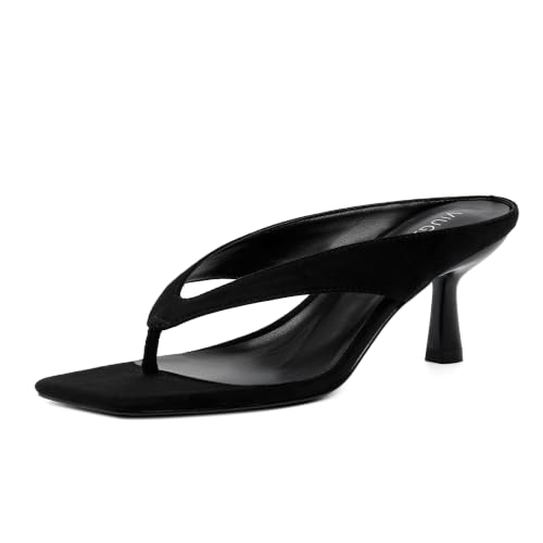 Image of VIUGJNEX Women's Kitten Heels Flip Flops Slip On Open Toe Low Heels Thong Square Slide Summer Fashion Party Heeled Dressy Sandals for Women