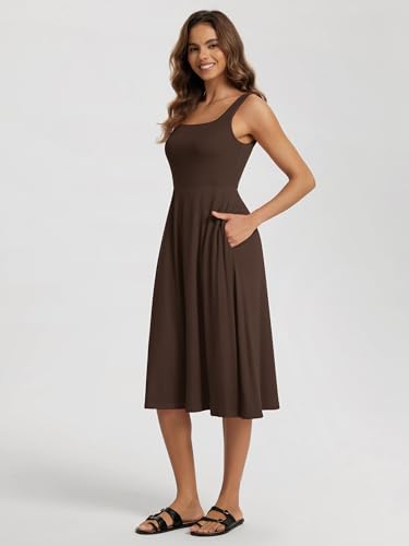 Image of ODODOS Square Neck Midi Dress with Pockets for Women Summer Casual Sleeveless Sundress Flare Tank Dress