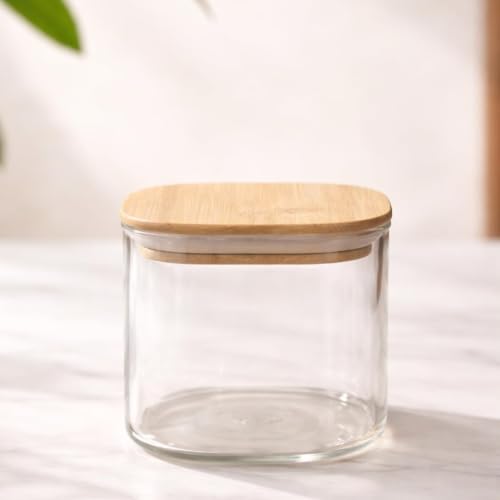 Image of Borosilicate Transparent Glass Storage Jar Set with Bamboo Tray, Set of 4 (500ml) Airtight Square Glass Containers with Bamboo Lids & Silicone Seal, Dry Fruit Storage Jars for Spice