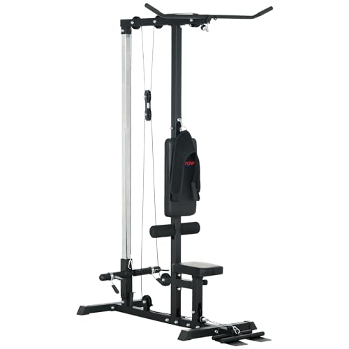 Soozier LAT Pull Down Machine Cable Station, High and Low Pulley Machine with Adjustable Seat and Flip-Up Footplate, for Home Gym
