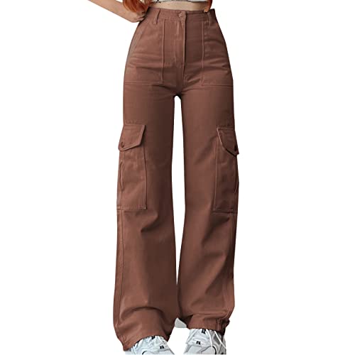 Women High Waisted Cargo Pants Hiking Work Casual Y2K Pants Combat Military Multi Pockets Trendy Comfy Baggy Trousers Coffee M