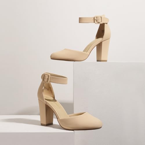 DREAM PAIRS DREAM PAIRS Women's High Heel Ankle Strap Closed Toe Chunky Wedding Party Pumps Shoes,Size 10,Nude/Nubuck,Angela