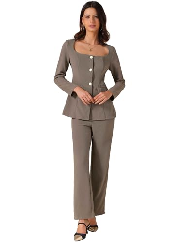 Allegra K Women's 2 Piece Outfits Square Neck Blouse and Long Pants Elegant Business Sets