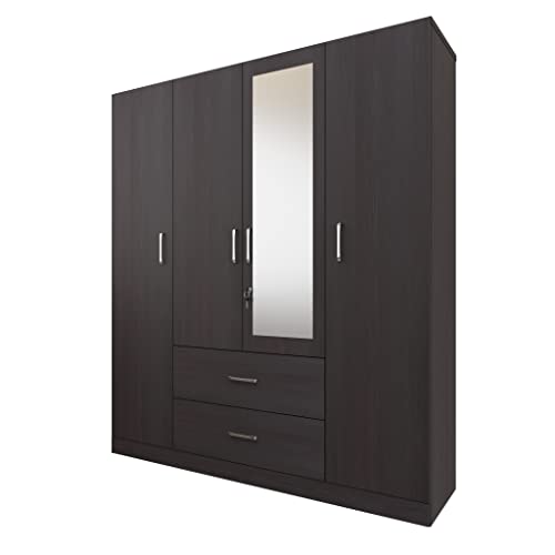 Image of VIKI Wardrobe | Wooden Almirah for Clothes,Door for Bedroom, 4 Door Wardrobe with Drawer, Mirror & Hanging Space (Dark Wenge - 40D x 160W x 180H) | 1 Year Warranty | Free Assembly