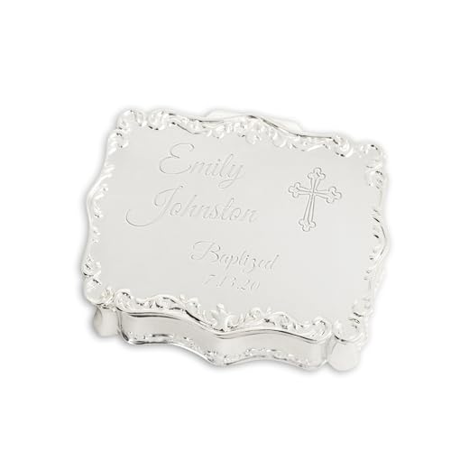 Cherished Moments Personalized Small Rectangle-Shaped Jewelry Box with Custom Engraved Name and Cross for Baptism Gift, Silver Toned
