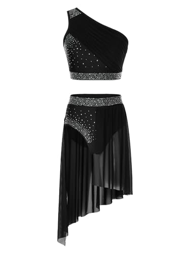 TiaoBug Robe Danse Classique Asymétrique Femme Justaucorps Patinage Artistique Compétition Tenue Danse Contemporain Lyrique Dancewear S-XXL Noir S