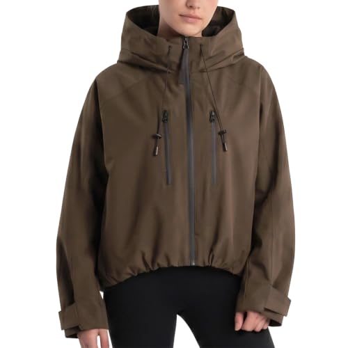 Ainangua Womens Oversized Water-Resistant Rain Jacket Mock Neck Windbreaker(Brown,M)