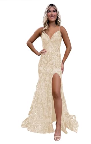 Image of RSOETOO Sparkly Sequin Prom Dresses 2026 with Slit Lace Mermaid Formal Evening Gowns for Women RON058