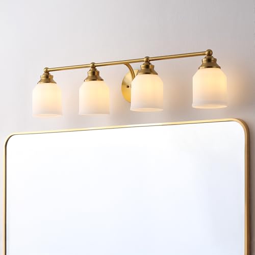 Image of JONATHAN Y 33.25 inch Brass Gold /White Modern Farmhouse LED Vanity Light Wall Sconce Fixture, Frosted White Glass Shade, Dimmable Wall Lamp for Bathroom Mirror Kitchen Sink, UL Listed (JYL7552B)