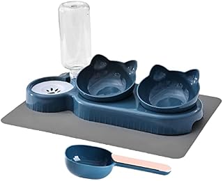 KitchenRaku 3 in 1 Cat Bowls with a Bowl Mat and Spoon, Double Raised Kitten Bowls for Wet and Dry Food Feeding & Gravity Water, Automatic Water Bottle and Tilted Pet Bowls Set for Cats Puppies