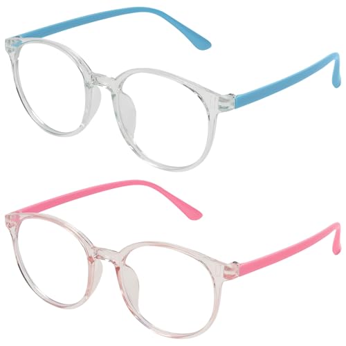 Aomig Blue Light Blocking Glasses Set Kinder 2PC Blaulichtfilter Brille mit Zubehör Anti Blaulicht für PC Gaming Fernseher Brillen Modebrille Bildschirmbrille Unisex Blaulichtblockierende(A-Rosa+Blau)