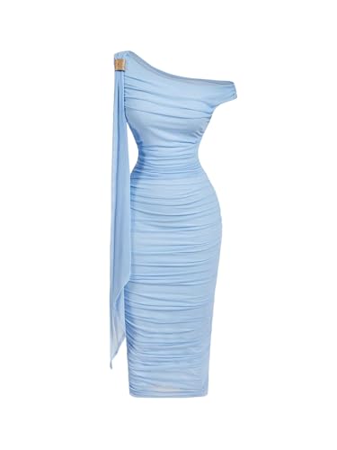 Pale Blue Off-the-Shoulder Midi Dress