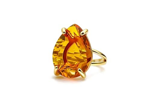 Bague fiançailles poire citrine or 14k et anneau large pour femme