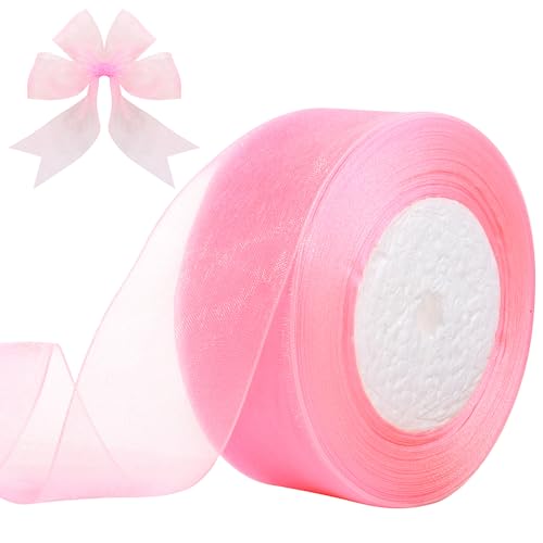 Partyeah 1-1/2 Inch x 50 Yards Sheer Organza Ribbon Chiffon Ribbon for Gift Wedding Flower Bouquet Wrapping Decorations Crafts (Light Pink)