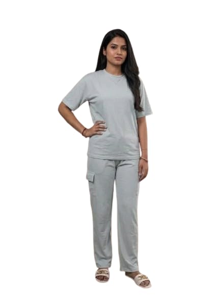 Women's Solid Grey Co-ord Set Half Sleeve T-shirt & Cargo Pants-image-40