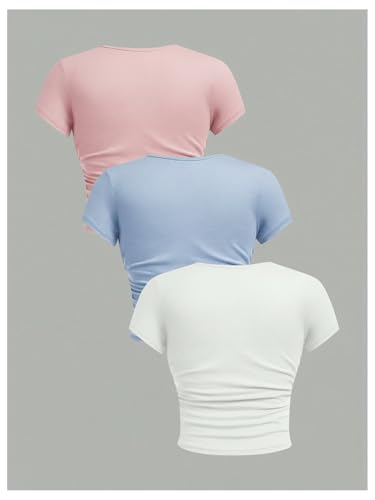 Image of SOLY HUX Girl's Basic Crop Top Set Crew Neck Short Sleeve T-Shirts 3 Packs Casual Summer Fitted Tees