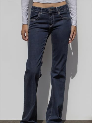 Women Y2k Low Waist Jeans Vintage Slim Fit Straight Flare Leg Bootcut Jeans Blokette Casual Solid Color Denim Pants2