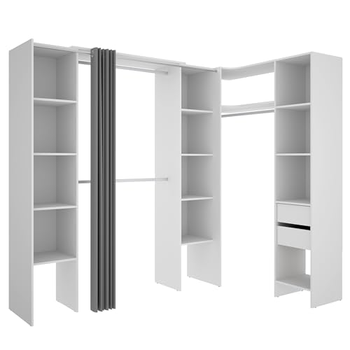 DEKIT GRUPO RIMOBEL SUIT - Conjunto de Vestidor rinconero con dos columnas, zona de barras y cortina - Blanco - 205 x 184-234 x 141 cm