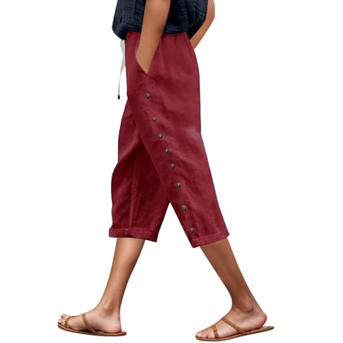 Pantalon capri en lin femme confortable contre la chaleur avec taille haute ajustable