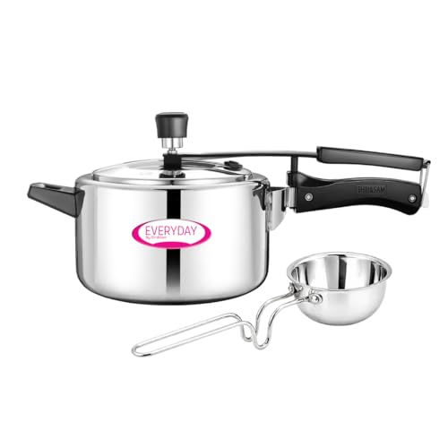 Image of Everyday Stainless Steel Pressure Cooker 3.5L & Tri-Ply Tadka Pan Combo | Mirror Finish Inner Lid Cooker | 13cm /550ml Heavy Gauge Tadka Pan | Long Wire Stand-Handle | Gas & Induction Compatible