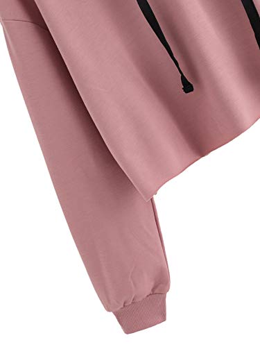 Romwe Women's Women's Letter Print Sweatshirt Raw Hem Drawstring Crop Top Hoodie Pink# M