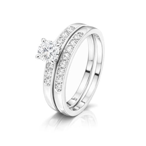 Image of 2-Piece Pave Band Ring Set for Women, 4mm Round Cut CZ Engagement-Style Ring with Matching Band, 18K Gold Plated, Stackable or Wear Separately R41
