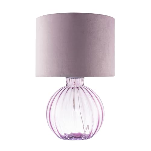 Happy Homewares Contemporary Designer Lilac Ribbed Glass Round Table Lamp with Matching Soft Lilac Velvet Drum Shade | 1 x E27 11w Maximum | 42cm Height