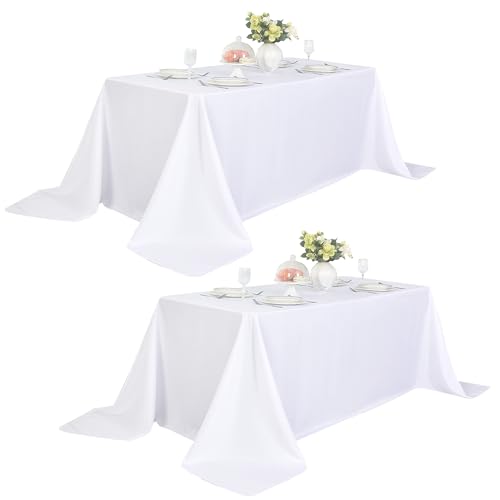 Image of 2-Pack 90x156 inch White Table Cloths, Solid Stain and Wrinkle Resistant Oblong Tablecloth, Premium Plain Weave Polyester Fabric Rectangle Table Linen Covers for Hotel, Banquet