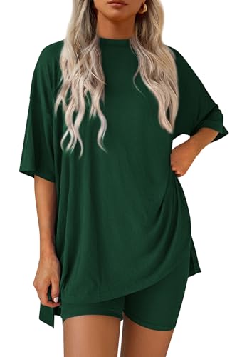 Image of PRETTYGARDEN Women 2 Piece Lounge Set 2026 Summer Casual Oversized Shirts Biker Shorts Matching Airport Travel Outfit Clothes